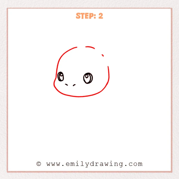 how to draw a baby dragon - Step 2: A rounded baby dragon head outline drawn around the eyes and nostrils.